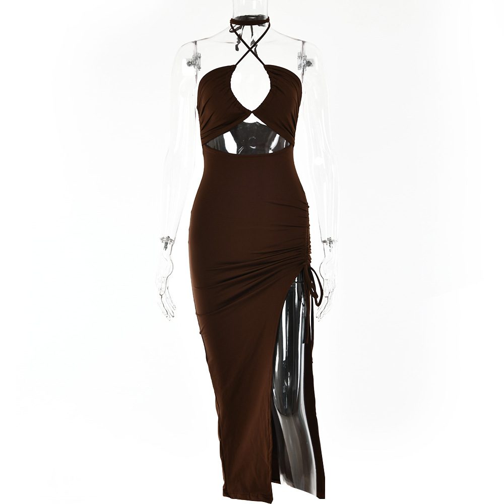Sexy Halterneck Lace-up Split Dress Summer Y2K Fashion Party Baech Long Dresses For Womens Clotjing – Brown
