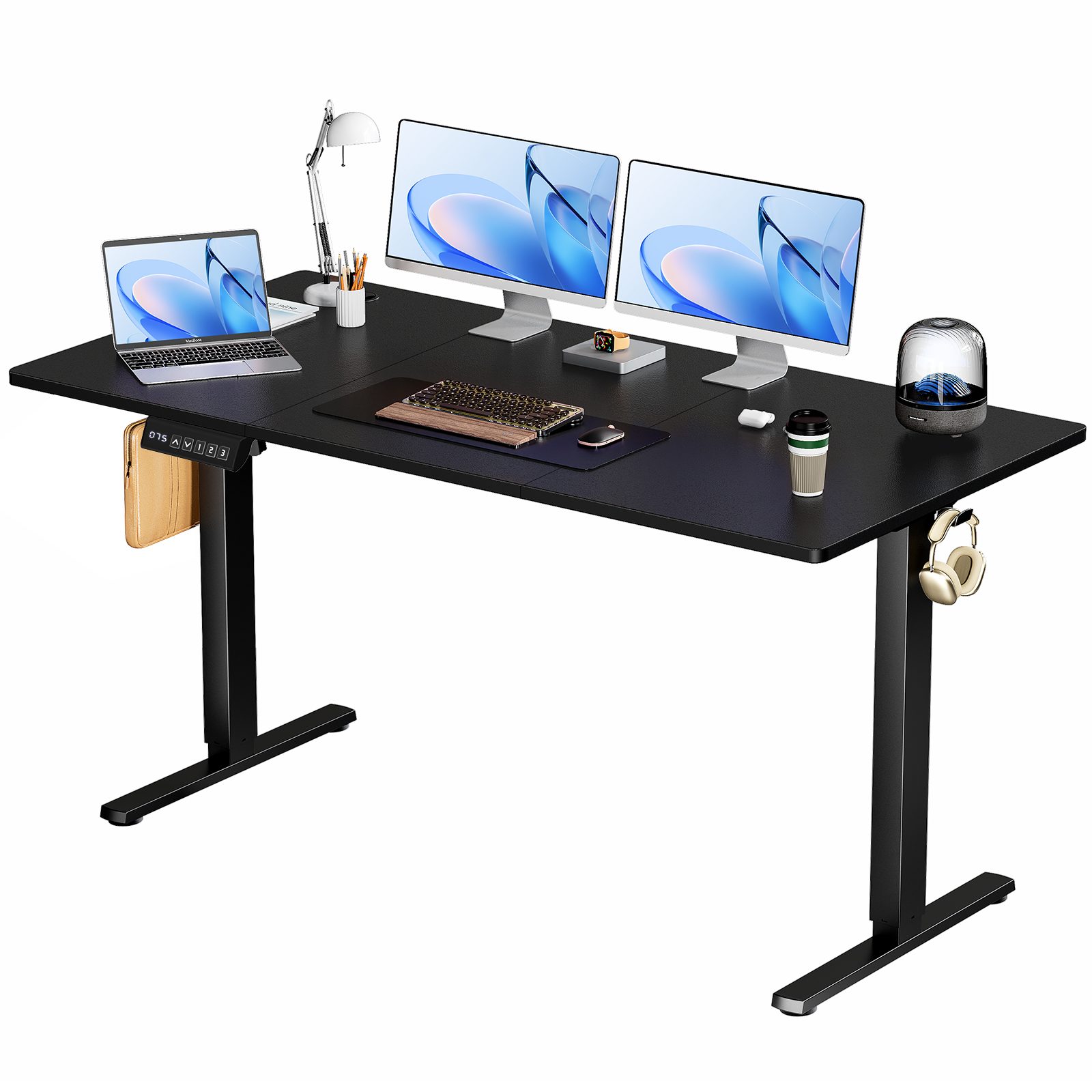 Electric Adjustable Height Standing Desk Sit To Stand Up Desk With Splice Board, Rising Home Office Computer Table With 2 Hook And Wire Hole For Work – Black63x24
