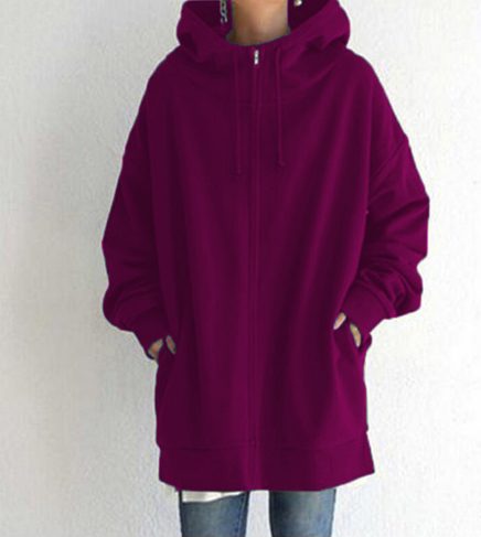 Oversized S-5XL Women Loose Hooded Coats Autumn Female Tie Collar Long Sleeve Zipper Up Add Velvet Long Sweatshirt – Rose Red