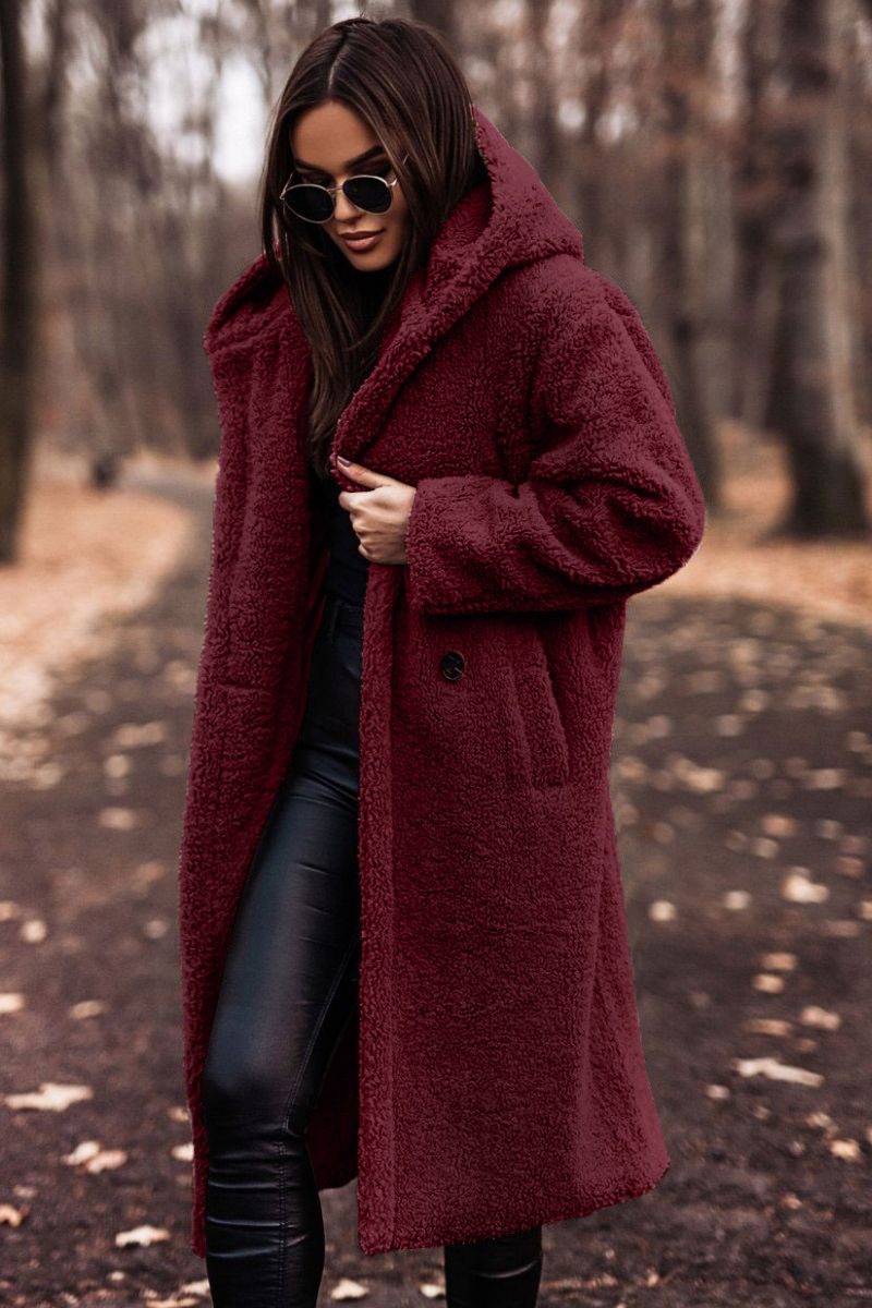 Elegant Long Coat Woman Plush Warm Faux Fleece Coat Autumn Winter Fashion Teddy Jacket Female Teddy Coat Outwear Ladies – Wine Red