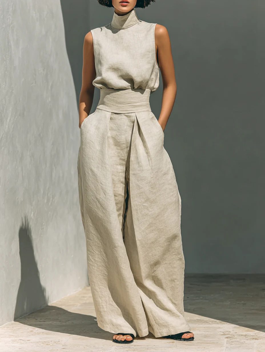 Casual Sleeveless Suit Summer Stand-up Collar Pullover Top And Loose Straight-leg Trousers Women's Clothing – Apricot