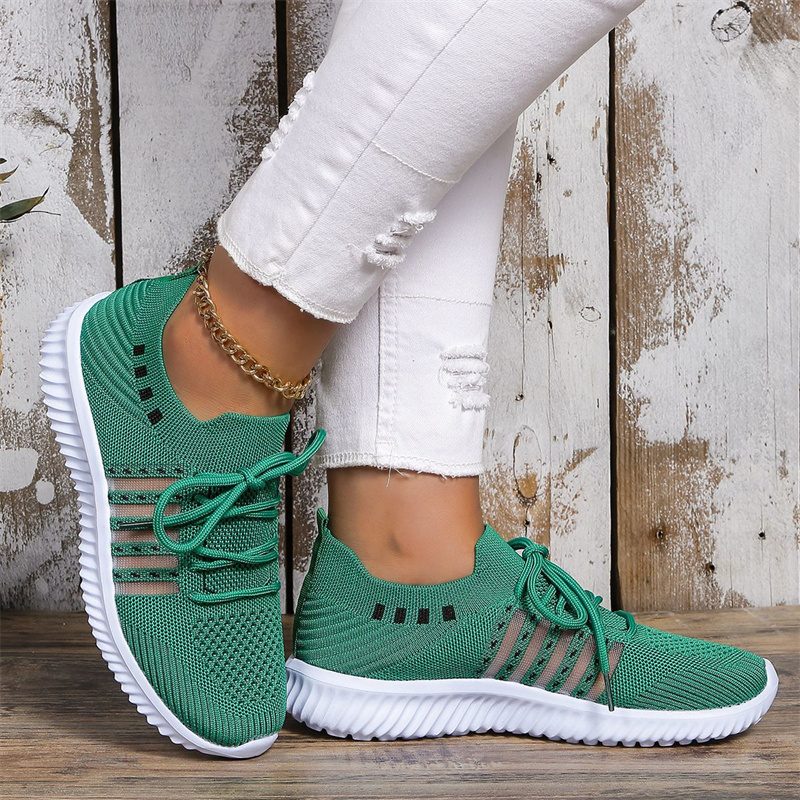 Casual Lace-up Mesh Sneakers Breathable Flying Woven Round Toe Walking Running Sports Shoes – Green