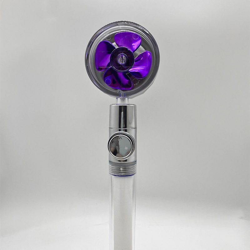 Shower Head Water Saving Flow 360 Degrees Rotating With Small Fan ABS Rain High Pressure Spray Nozzle Bathroom Accessories – Purple transparent tube