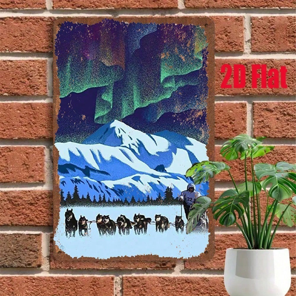1pc Vintage Metal Tin Sign, Sign, 2D Flat Sled Dogs Under Aurora Northern Lights, Lights Pattern 8x12in Winter Forest Christmas, Wall Plaque Re – view 4