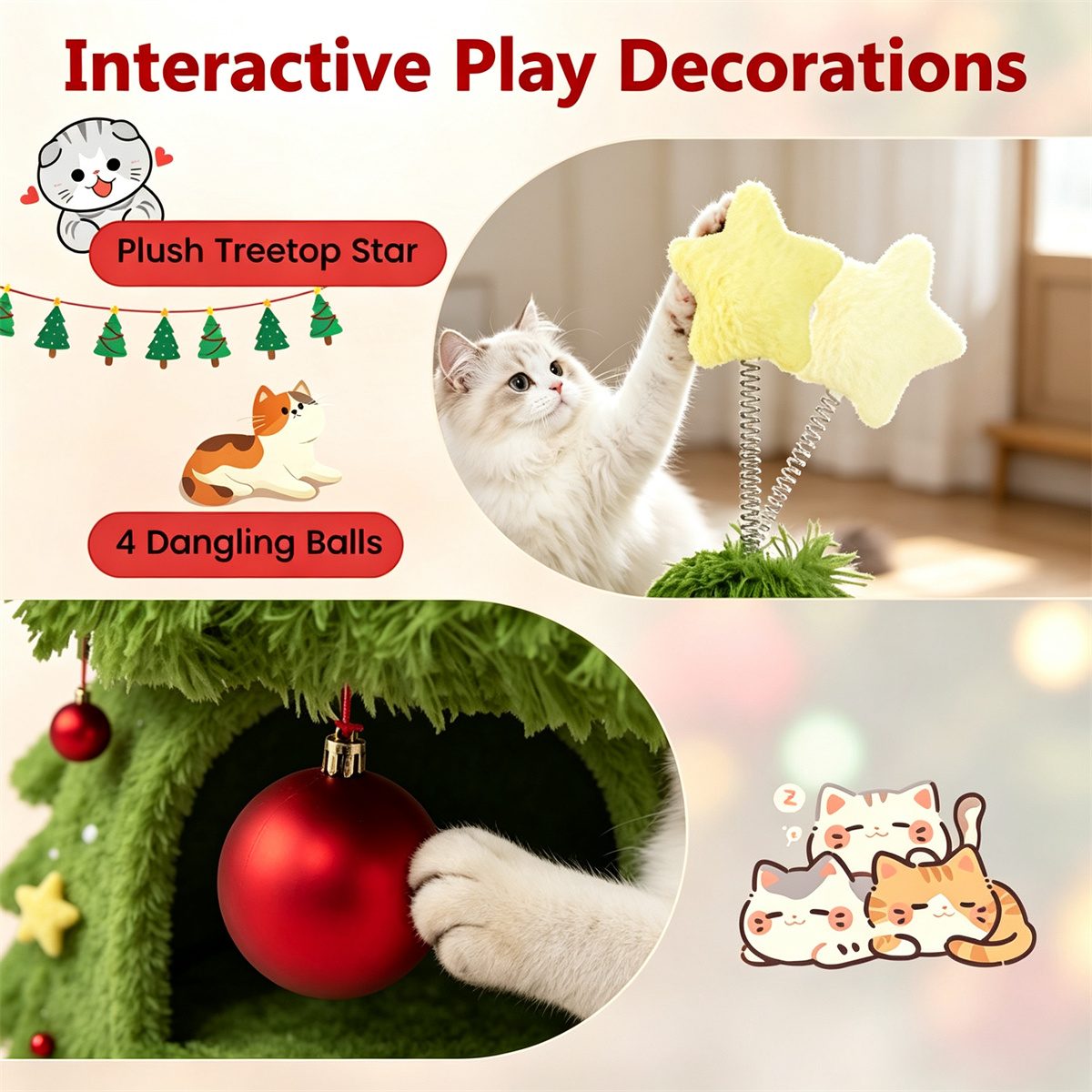 3-Tier Christmas Cat Tree Tower, Stable Pyramid Frame Cat Furniture With Dual Access Condo, Paper Rope Scratching Post, Interactive Star & Dangling Balls – view 8