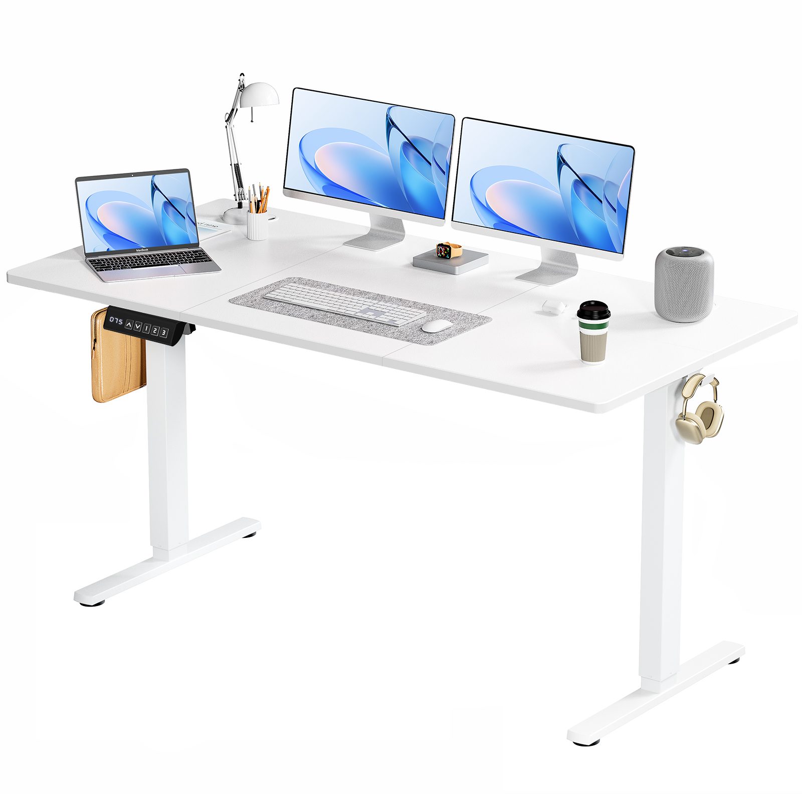 Electric Adjustable Height Standing Desk Sit To Stand Up Desk With Splice Board, Rising Home Office Computer Table With 2 Hook And Wire Hole For Work – White63x24