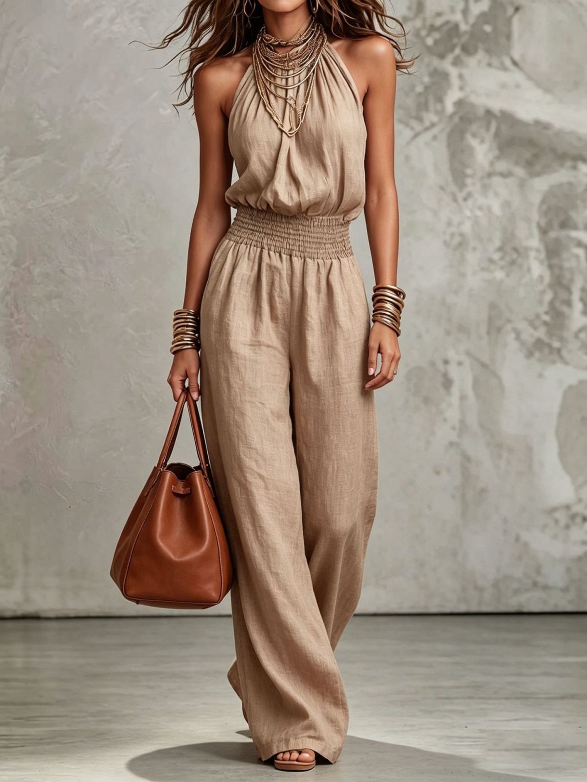 Womens Sleeveless Jumpsuit Backless Lace-up Halter Overall Pants Wide-leg Straight Onesie Trousers – Khaki