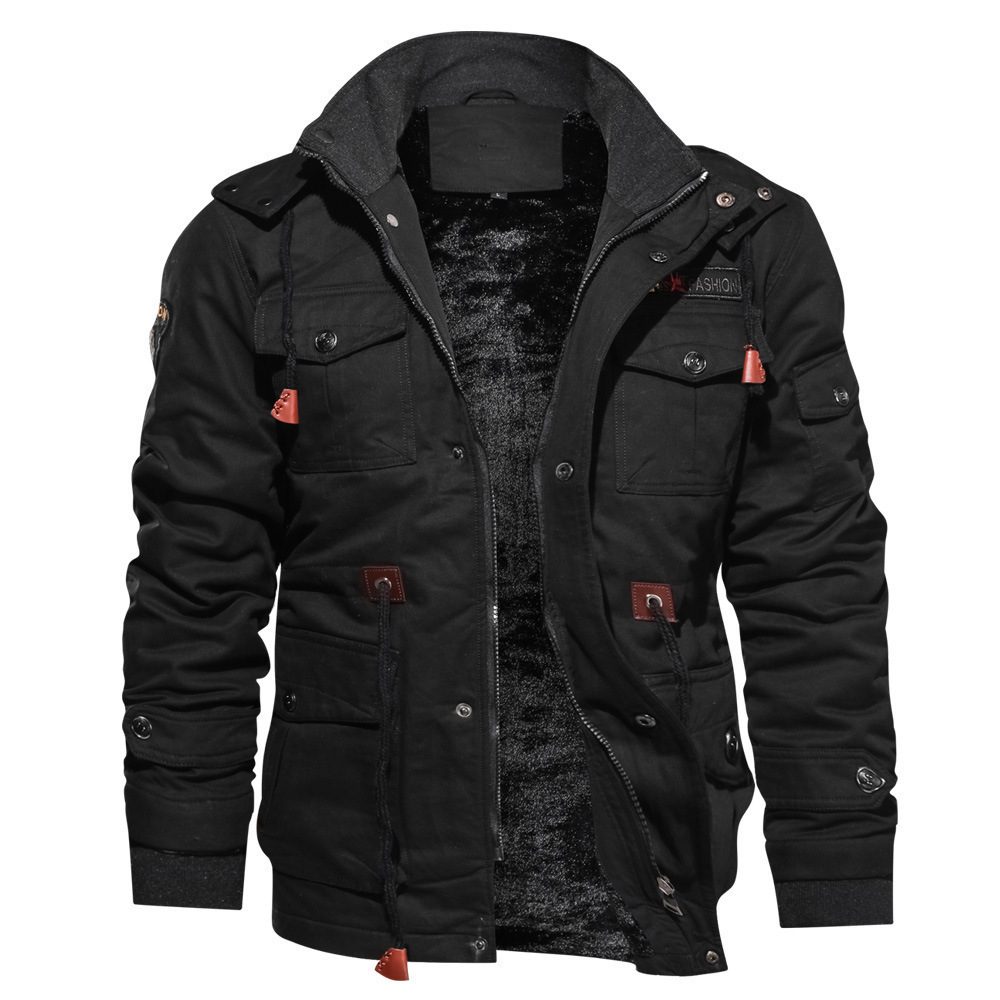 Winter Zip-up Coat Warm Thickened Detachable Hooded Jacket Multi-pocket Button Drawstring Long Sleeve Tops Men's Cargo Clothing – Black