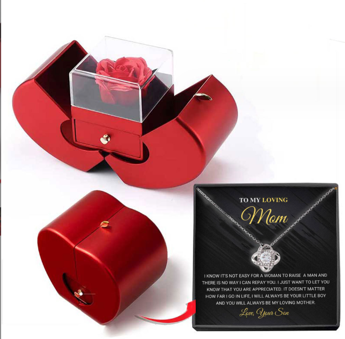 Fashion Jewelry Box Red Apple Christmas Gift Necklace Eternal Rose For Girl Mother's Day Valentine's Day Gifts With Artificial Flower Rose Flower Jewelry Box – Necklace Silver Card Apple Box