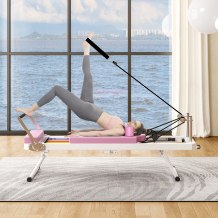 Pilates Reformer Machine For Home Gym Workout, Foldable Pilates Equipment With High Strength Alloy Springs For Beginners, Up To 330lbs – Pink