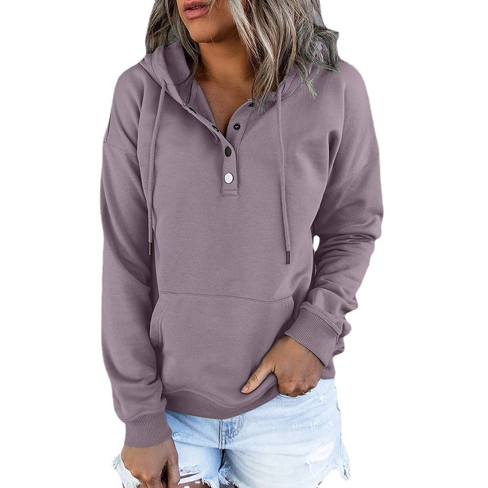 Long-sleeved Hooded Sweatshirt With Pockets Fashion Casual Button Drawstring Design Hoodie Top Spring And Autumn Sports Clothing For Women – Purple