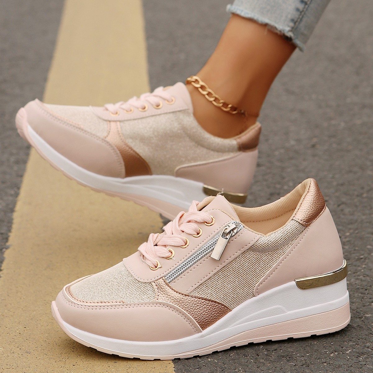 Women's Lace-up Casual Shoes FFashion Side Zipper Design Thick-soled Shoes Walking Running Sports Sneakers – Pink