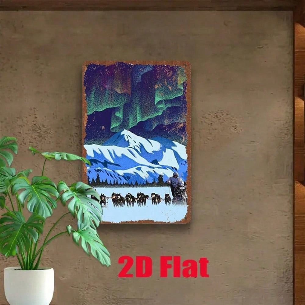 1pc Vintage Metal Tin Sign, Sign, 2D Flat Sled Dogs Under Aurora Northern Lights, Lights Pattern 8x12in Winter Forest Christmas, Wall Plaque Re – view 7