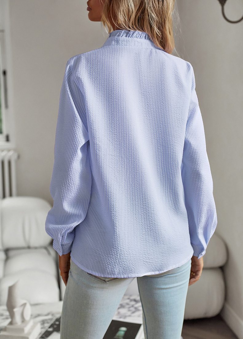 Striped Long Sleeve Shirt Fashion Ruffle Design Button Up Tops Casual Office Blouse Elegant Commuting Women's Clothing – view 13