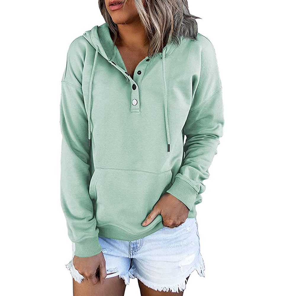Long-sleeved Hooded Sweatshirt With Pockets Fashion Casual Button Drawstring Design Hoodie Top Spring And Autumn Sports Clothing For Women – Light Green