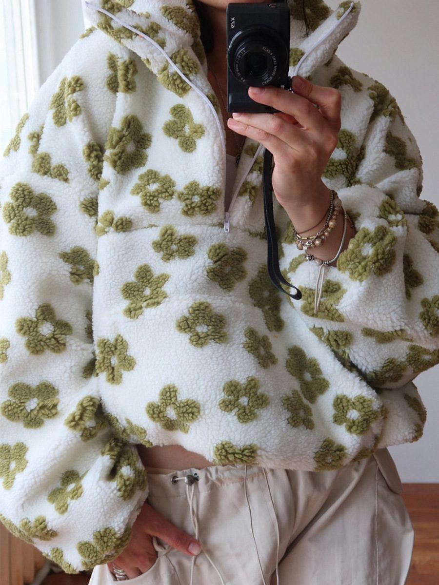 Winter Flowers Lambskin Sweatshirt With Big Pocket Casual Loose Zip-up Lapel Pullover Top Women's Clothing – Green