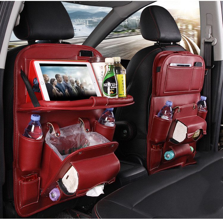 PU Leather Car Storage Bag Multifunction Seat Back Tray Hanging Bag Waterproof Car Organizer Automotive Interior Accessories – Wine red