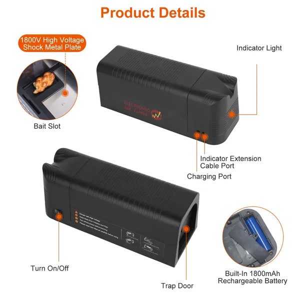 Electric Rat Trap Reusable Mice Trap Rodent Zapper Indoor Pest Control Rechargeable Shock Mice Killer With 1800V High Voltage For Home – view 7