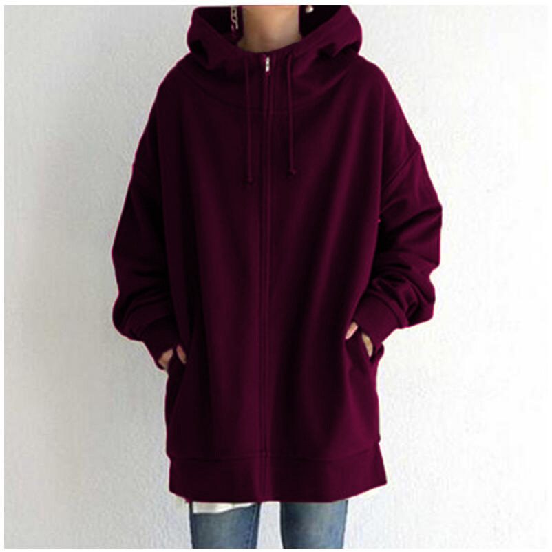 Oversized S-5XL Women Loose Hooded Coats Autumn Female Tie Collar Long Sleeve Zipper Up Add Velvet Long Sweatshirt – Dark Purple