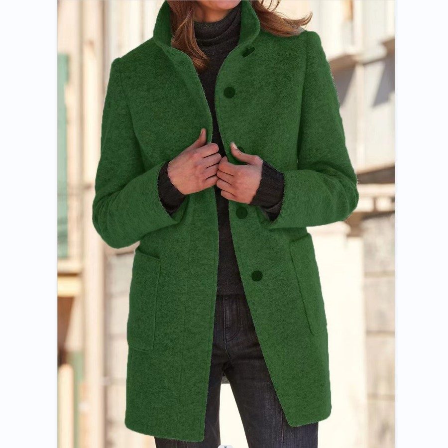 Fashion Stand Collar Woolen Coat With Pockets Fall Winter Casual Button Outwear For Women Clothing – Green