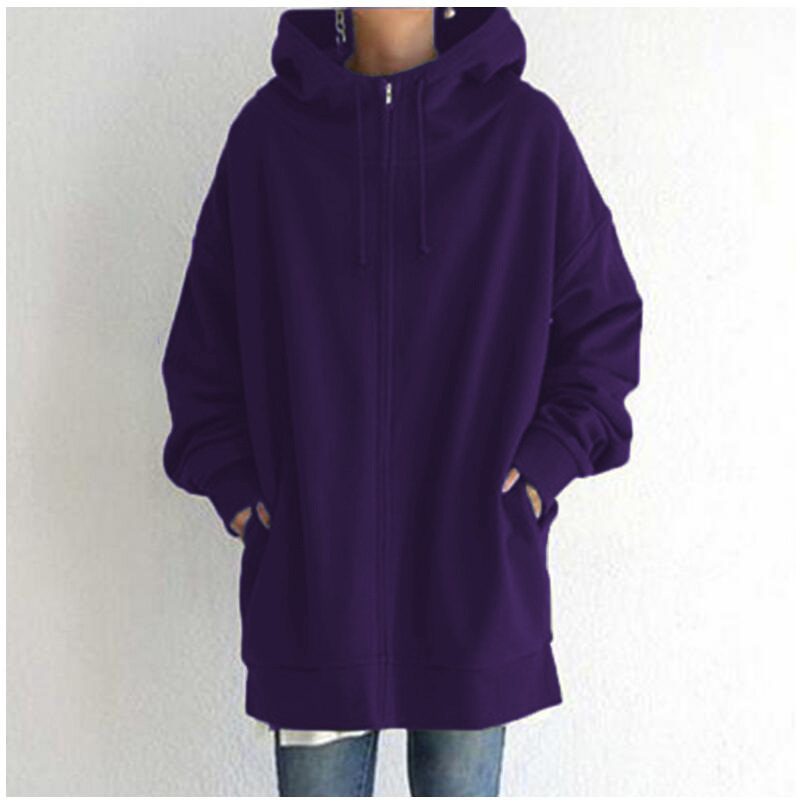 Oversized S-5XL Women Loose Hooded Coats Autumn Female Tie Collar Long Sleeve Zipper Up Add Velvet Long Sweatshirt – Purple