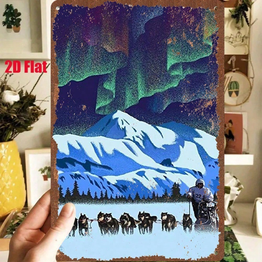 1pc Vintage Metal Tin Sign, Sign, 2D Flat Sled Dogs Under Aurora Northern Lights, Lights Pattern 8x12in Winter Forest Christmas, Wall Plaque Re – view 3