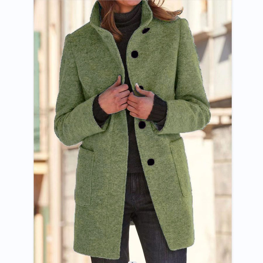 Fashion Stand Collar Woolen Coat With Pockets Fall Winter Casual Button Outwear For Women Clothing – Bean Green
