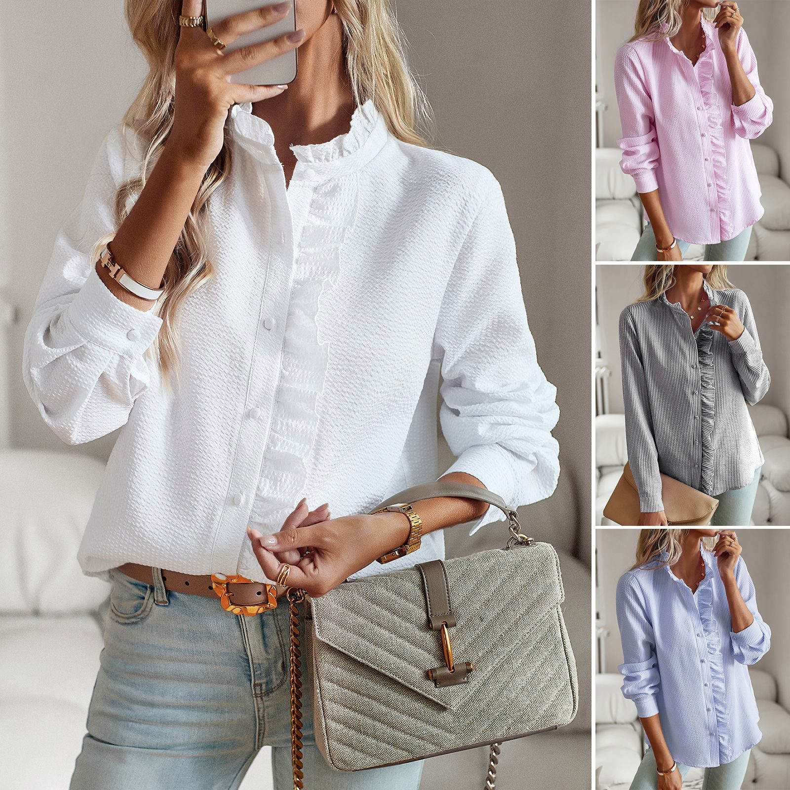 Striped Long Sleeve Shirt Fashion Ruffle Design Button Up Tops Casual Office Blouse Elegant Commuting Women's Clothing – view 15