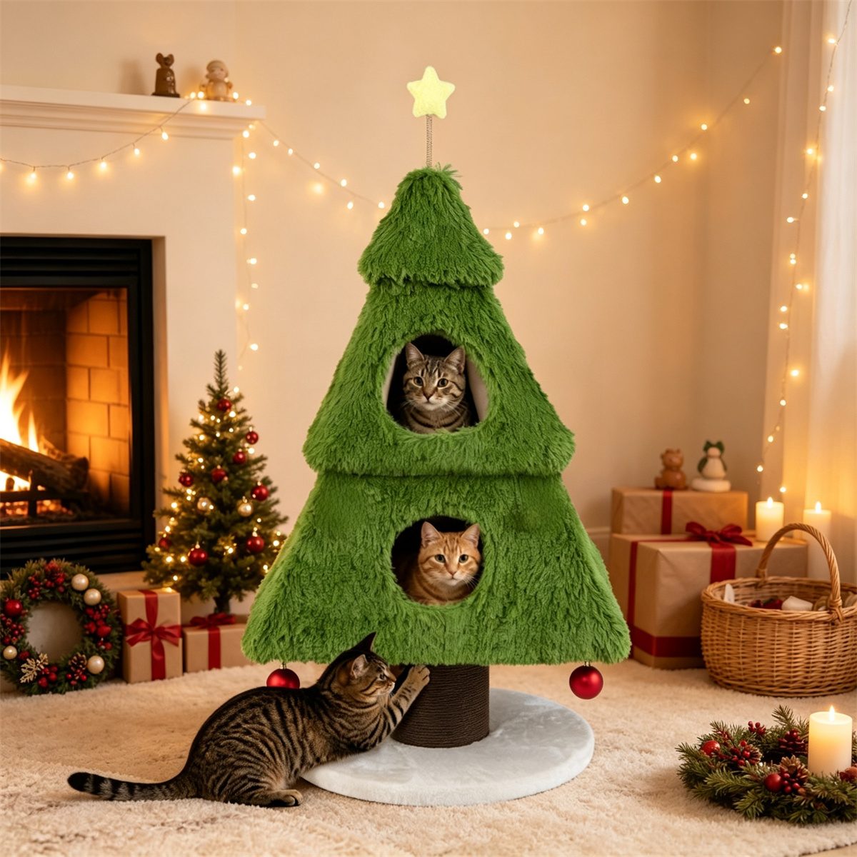 3-Tier Christmas Cat Tree Tower, Stable Pyramid Frame Cat Furniture With Dual Access Condo, Paper Rope Scratching Post, Interactive Star & Dangling Balls – view 5