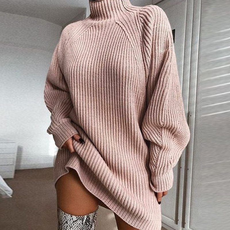 Solid Turtleneck Long Sweater Winter Warm Women Sweater Dress – Pink