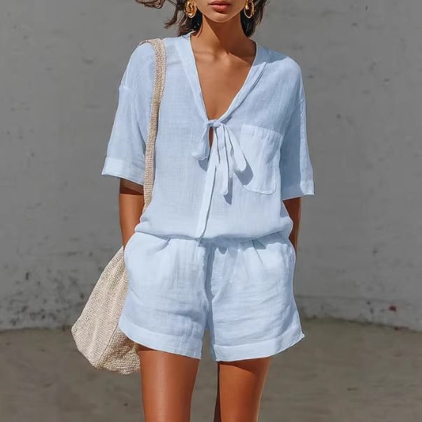Summer New Solid Color Casual Cardigan Lace-up Short-sleeve Shirt Loose Shorts Set For Women – Blue