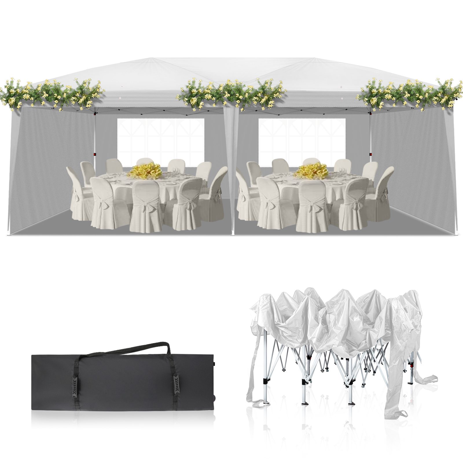 10x20ft White 4 Sides -2 Windows Folding Shed Oxford Cloth Spray Painted Iron Pipe Portable – White