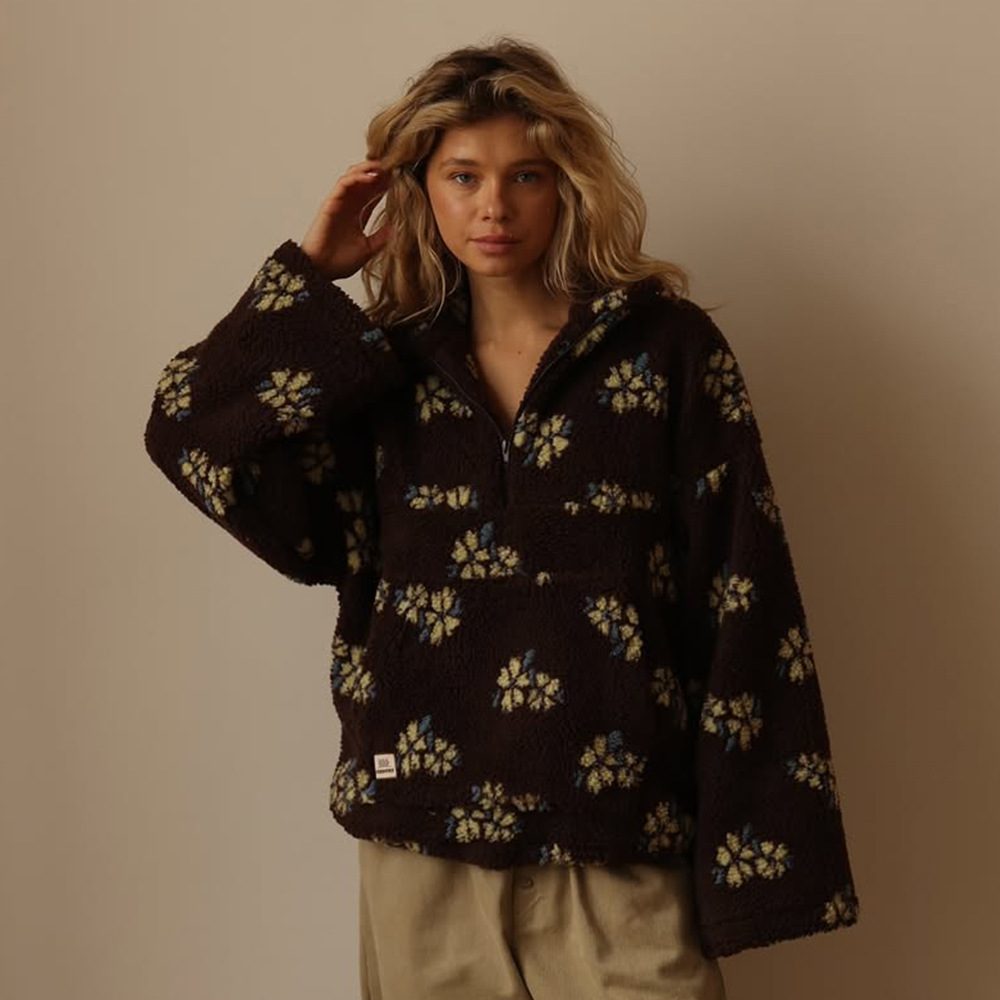 Winter Flowers Lambskin Sweatshirt With Big Pocket Casual Loose Zip-up Lapel Pullover Top Women's Clothing – Coffee Color