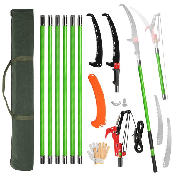 26ft Green Manual Pole Saw Spiral Splicing With Portable Bag Tree Trimmer – One set