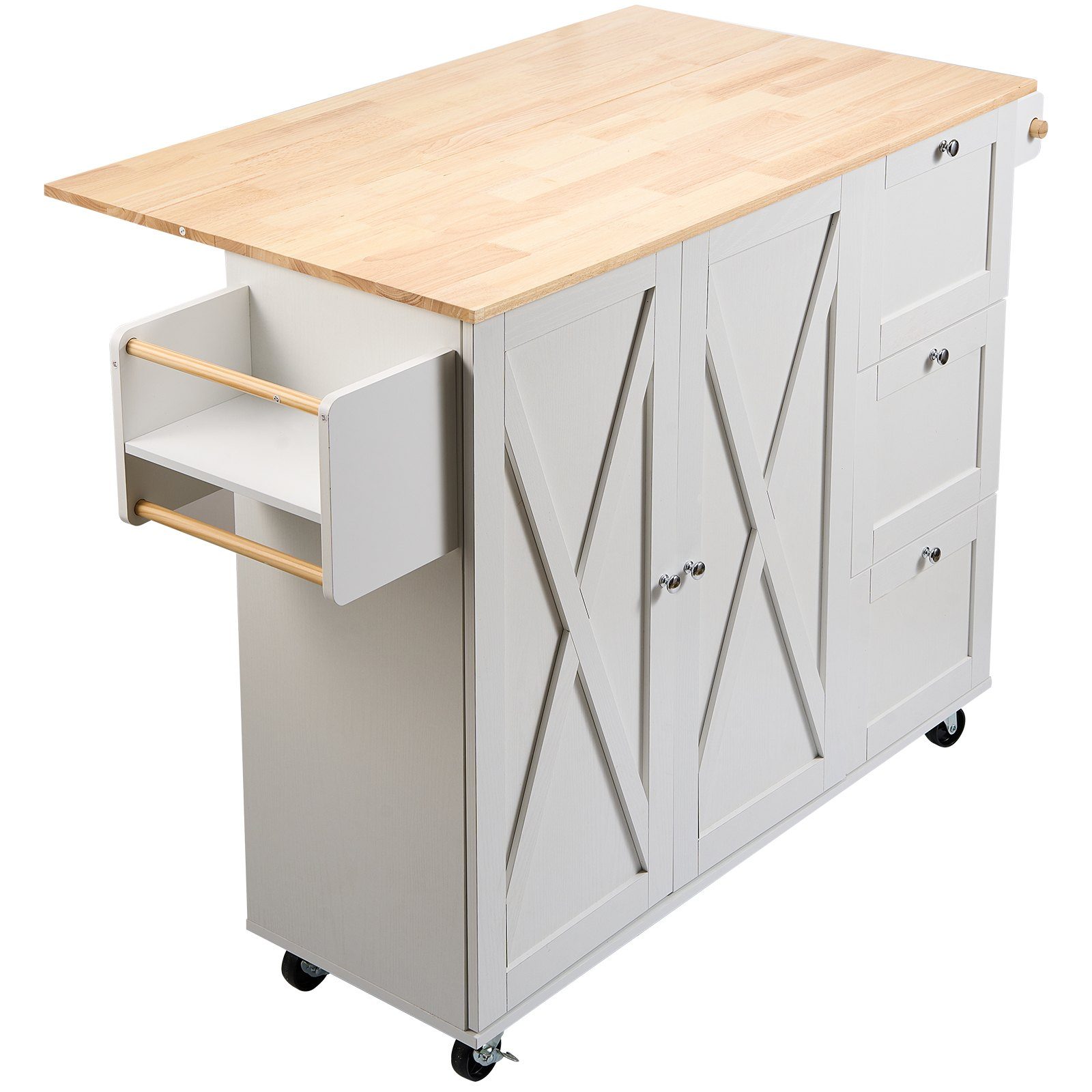 Kitchen Island Cart With Solid Wood Top,Mobile Carts With Storage Cabinet, Rolling Kitchen Table With Spice Rack, Towel Rack, Drop Leaf And Drawer, Portable Islands On Wheels, White – White