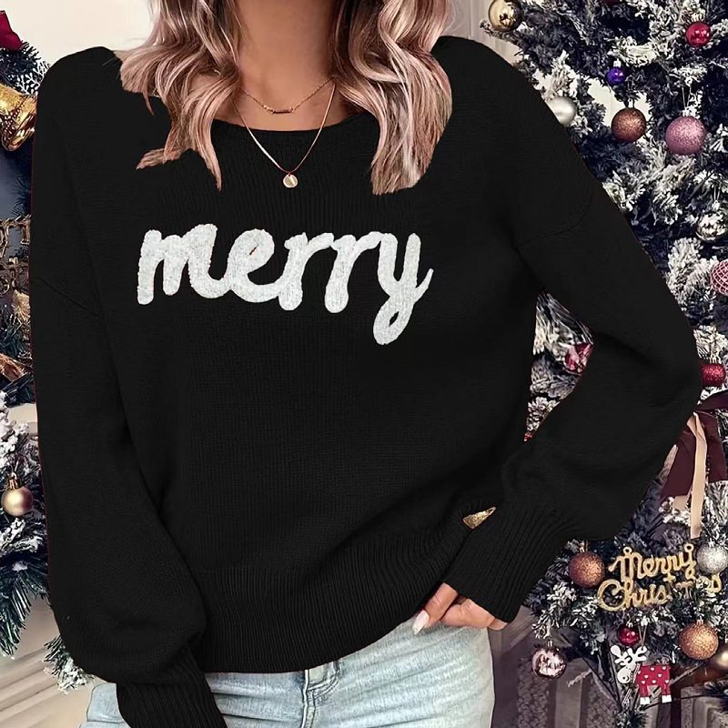 Knitted Women Crew Neck Sweater Loose Pullover Female Jumper Elegant Spring Warm Spring New Year Trendy Christmas Sweater – Black