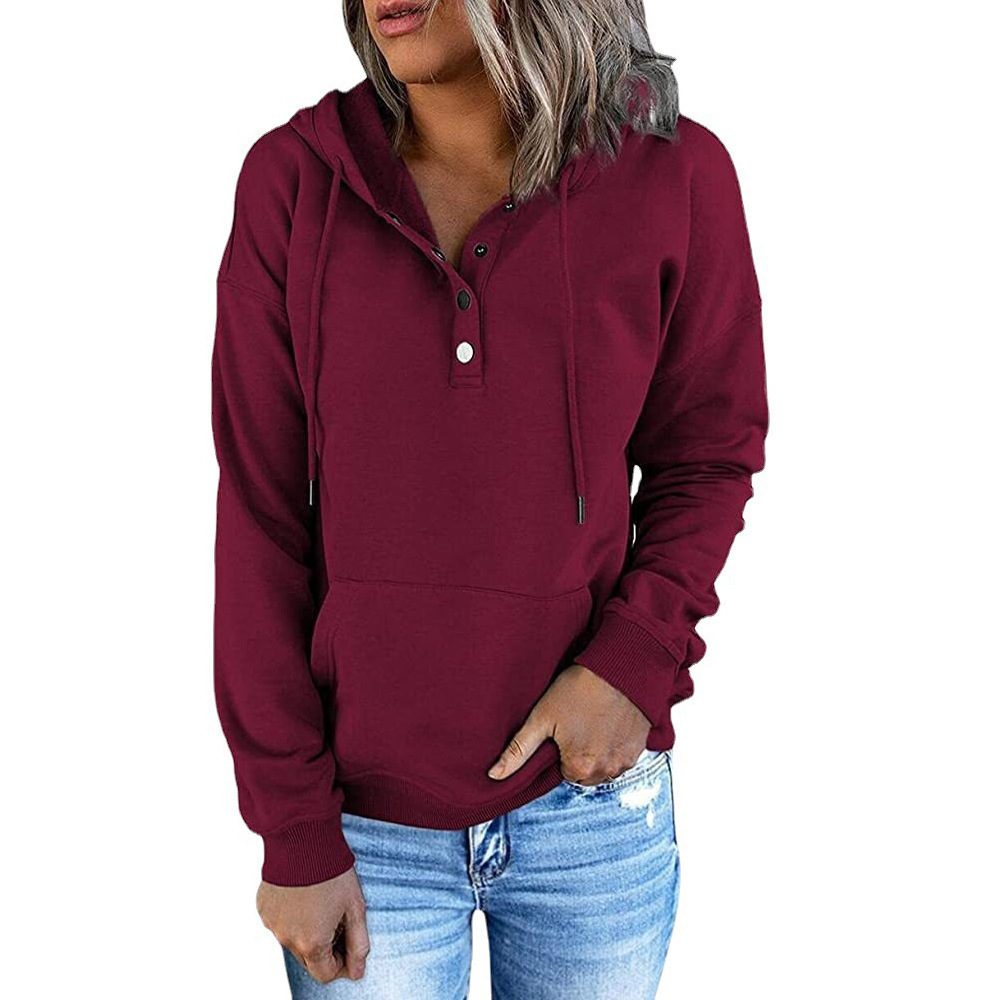 Long-sleeved Hooded Sweatshirt With Pockets Fashion Casual Button Drawstring Design Hoodie Top Spring And Autumn Sports Clothing For Women – Wine Red