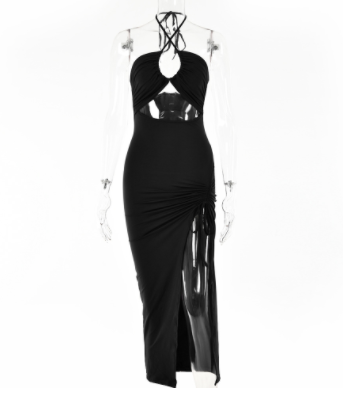Sexy Halterneck Lace-up Split Dress Summer Y2K Fashion Party Baech Long Dresses For Womens Clotjing – Black