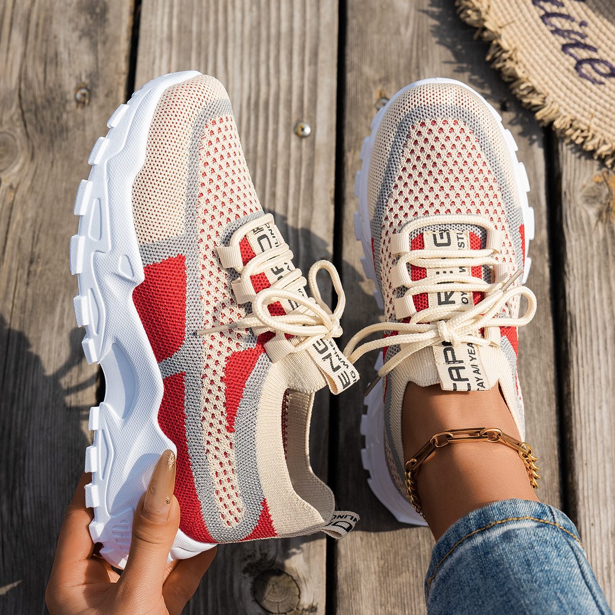 Flyknit Mesh Shoes Women's Breathable Lace-up Sneakers Walking Running Casual Shoes – Khaki Red Gray