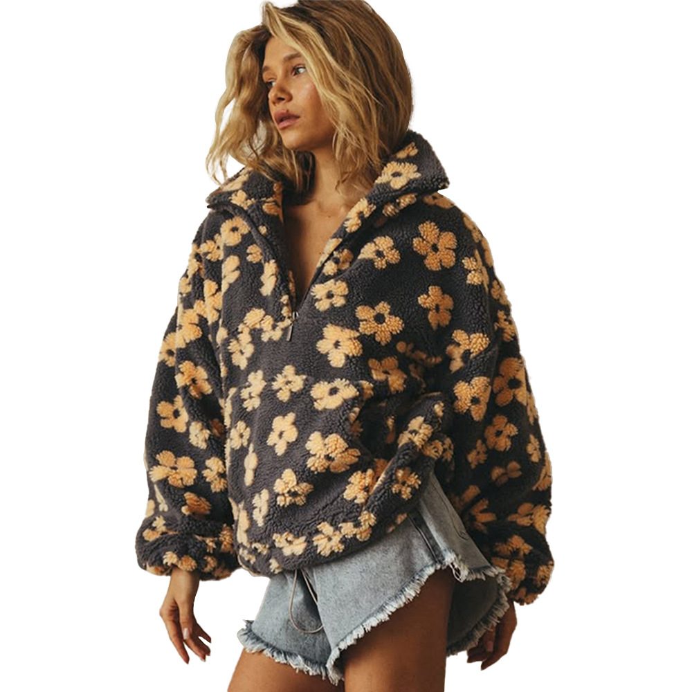Winter Flowers Lambskin Sweatshirt With Big Pocket Casual Loose Zip-up Lapel Pullover Top Women's Clothing – view 10