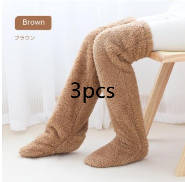 Over Knee High Fuzzy Long Socks Winter Warm Cold Leg Knee Joint Cold-proof Stockings Home Floor Sleeping Socks – Brown3pcs