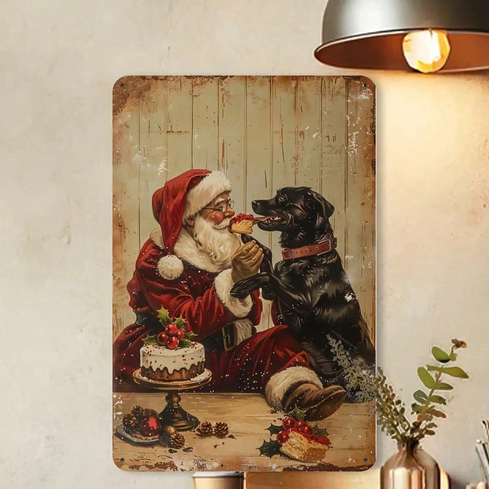 Vintage Santa Claus And Puppy Metal Tin Sign, Sign, Retro Christmas Wall Decor 8x12 – view 7