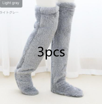 Over Knee High Fuzzy Long Socks Winter Warm Cold Leg Knee Joint Cold-proof Stockings Home Floor Sleeping Socks – Silver Gray3pcs