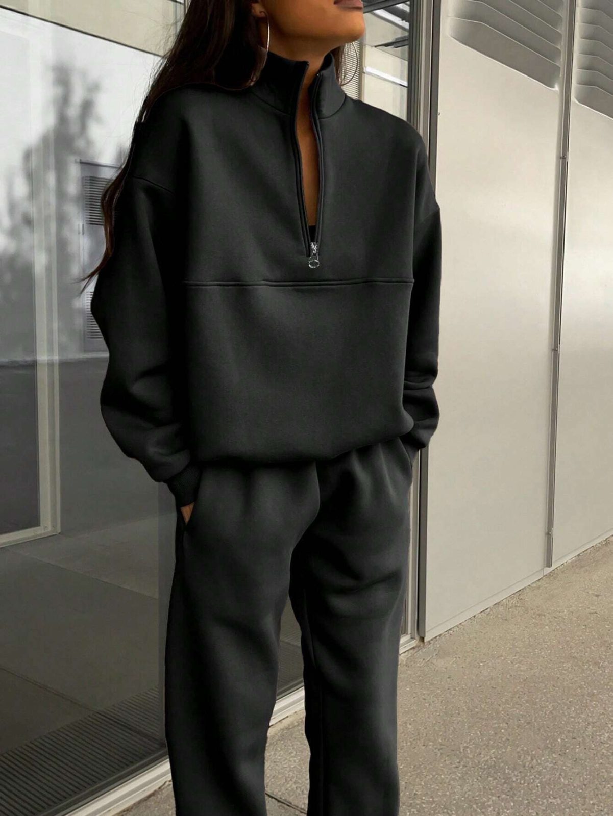 Long-sleeved Sports Sweatshirt Suit Fashion Stand-up Collar Zip-up Top And Elastic Band Trousers With Pocket Srping Fall Clothing For Women – Black