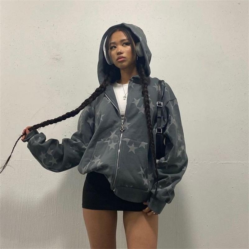 Stars Printed Zipper Hooded Cardigan Couple Fashion Outerwear Hoodies Sweatshirt Street Men Women Coat – view 6