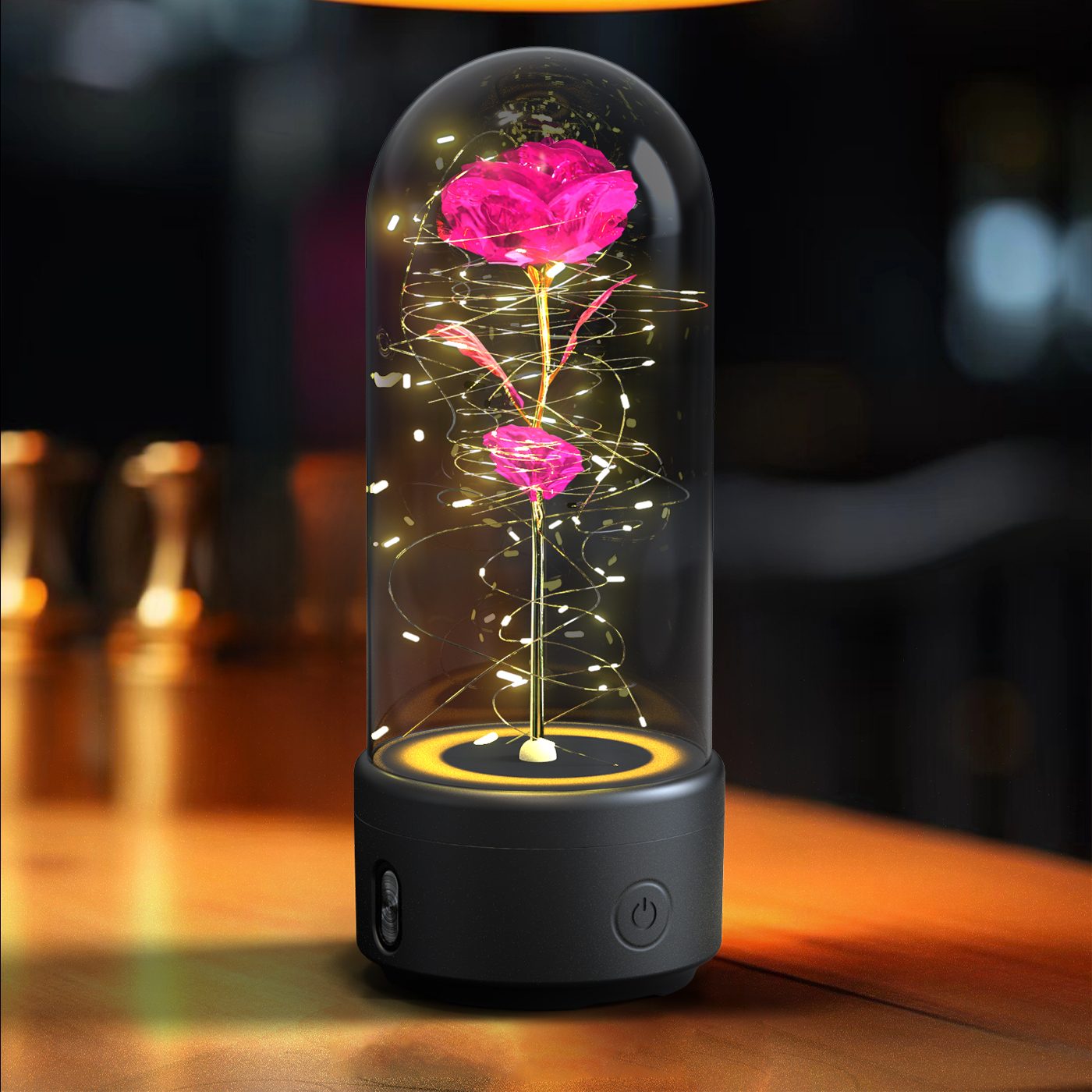 Creative 2 In 1 Rose Flowers LED Light And Bluetooth-compatible Speaker Valentine's Day Gift Rose Luminous Night Light Ornament In Glass Cover – Black Base Color Flower