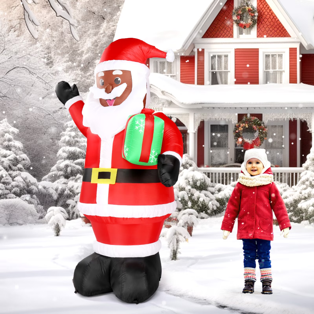 7 FT Lighted Black Santa Inflatable, Holding Gift, Blow Up Yard Decor With Built-in LED Lights – view 6