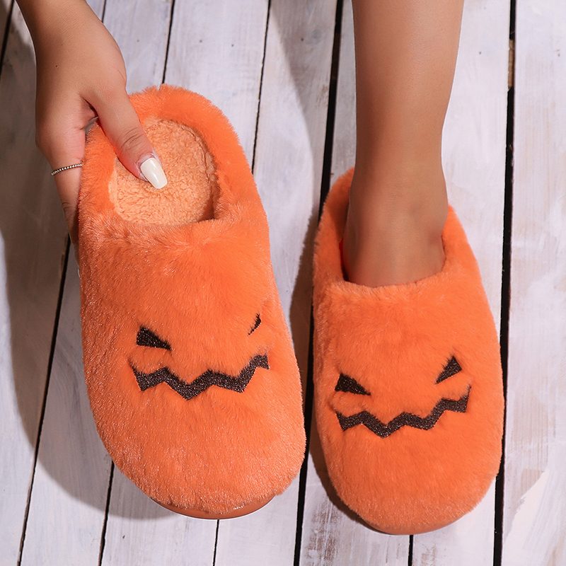 Cute Halloween Pumpkin Slippers Winter Warm Plush Bedroom Floor Home Slippers Casual Slip On Comfortable Cozy Indoor House Shoes – view 5