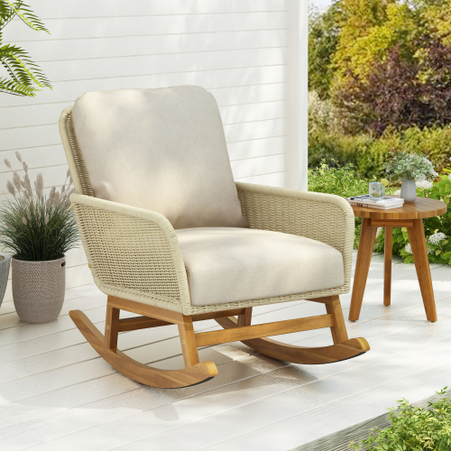 Contemporary Minimalist Ivory Wicker Rocking Chair With Soft Polyester Cushions And Durable Wooden Frame, Perfect For Indoor And Outdoor Spaces Like Patio, Balcony, Or Living Room – view 4