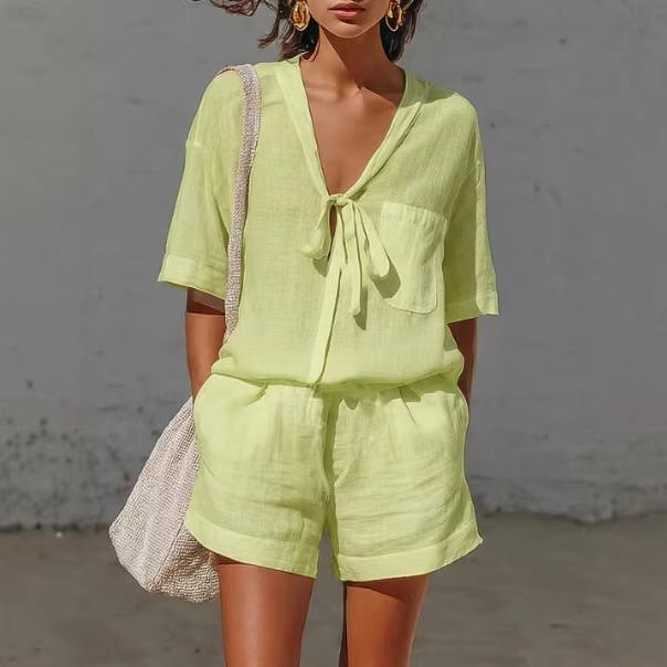 Summer New Solid Color Casual Cardigan Lace-up Short-sleeve Shirt Loose Shorts Set For Women – Green